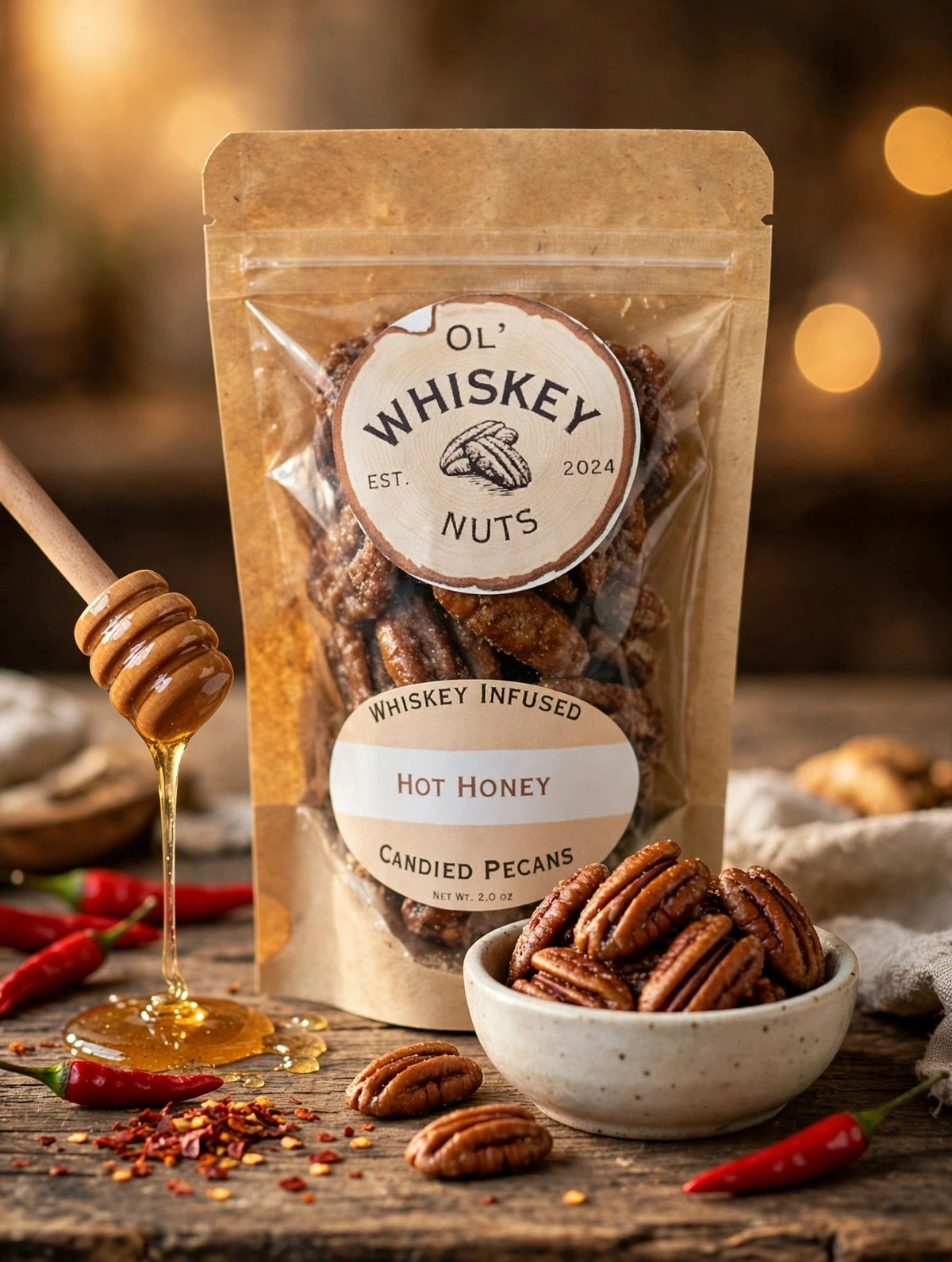 Hot Honey whiskey-infused candied pecans