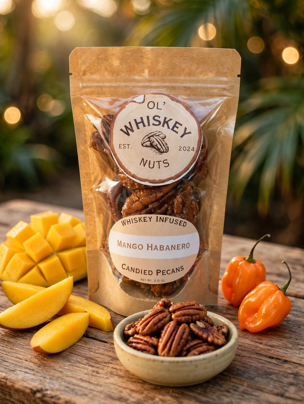 Mango Habanero whiskey-infused candied pecans