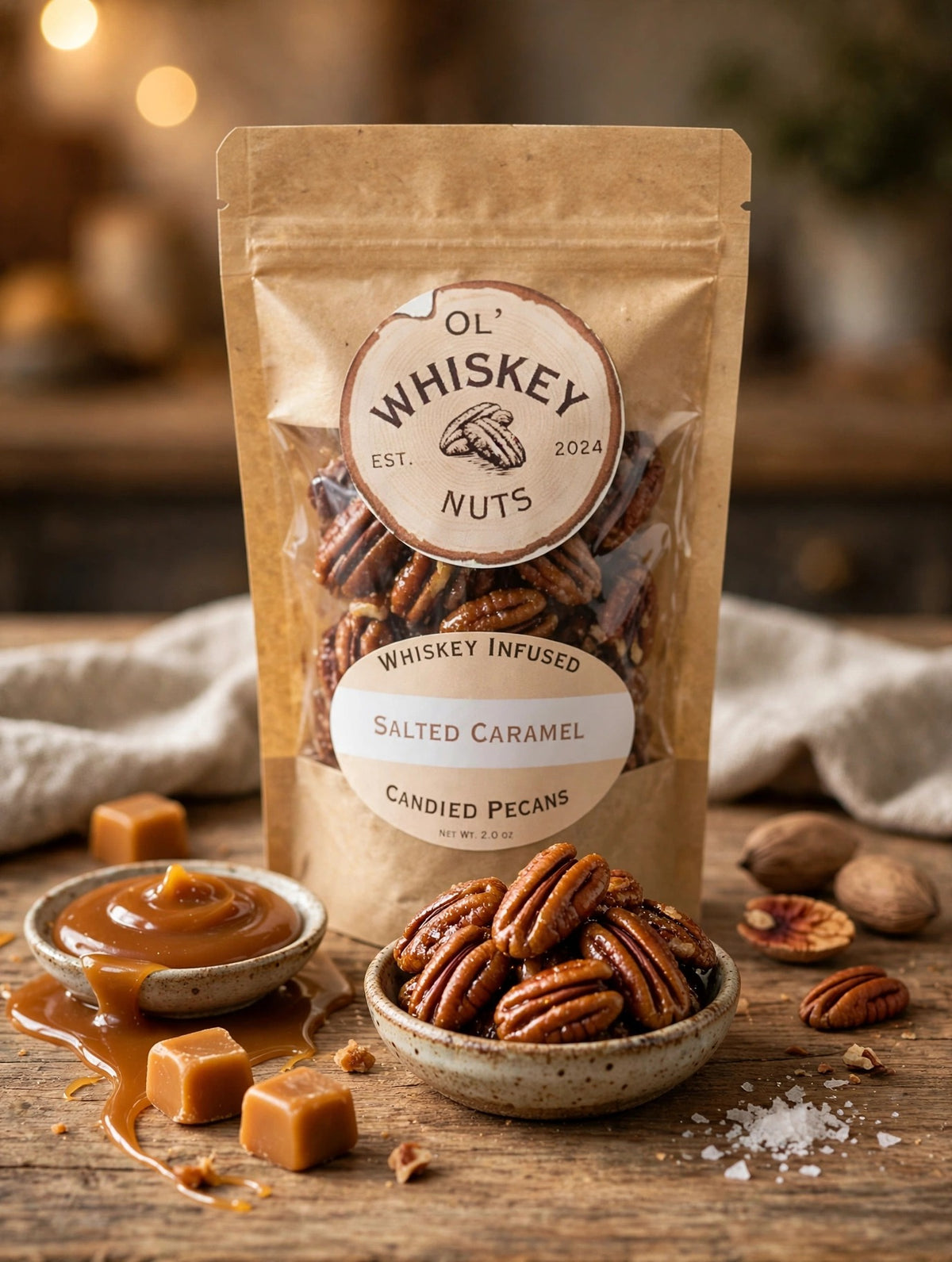 Salted Caramel whiskey-infused candied pecans