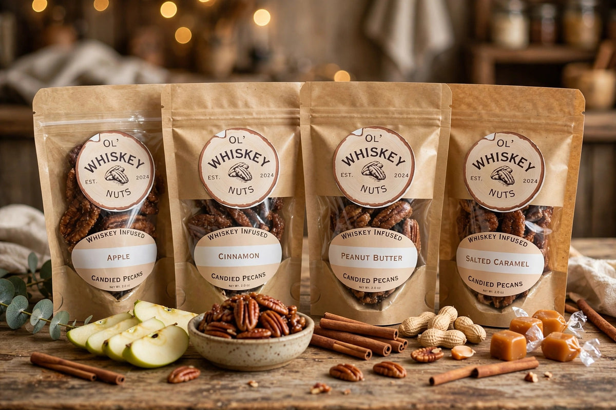 Variety Snack Bundle - Apple, Cinnamon, Peanut Butter and Salted Caramel whiskey-infused candied pecans